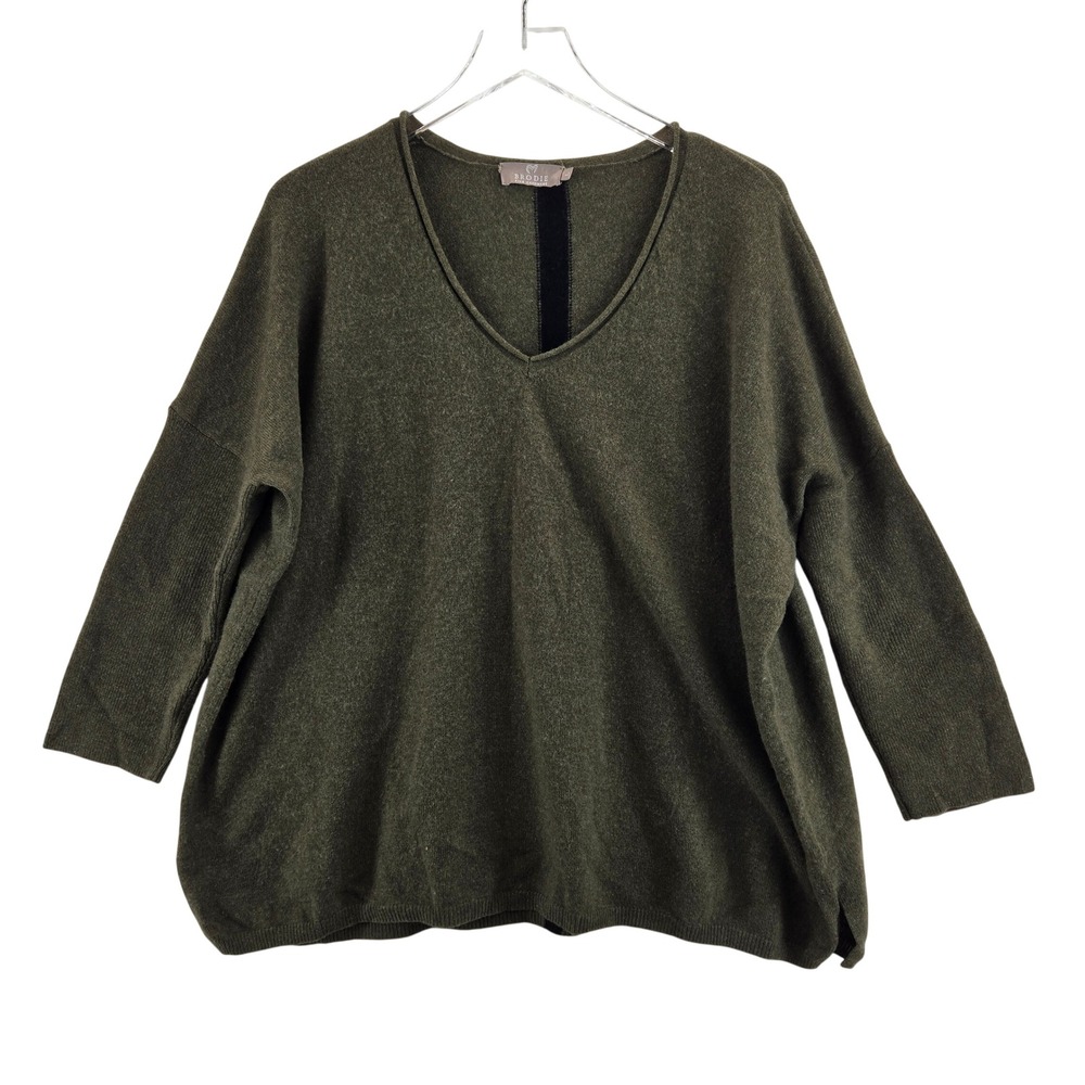 BRODIE‎ Mongolian Cashmere V Neck Sweater Olive Green Half Sleeve Relaxed Size L